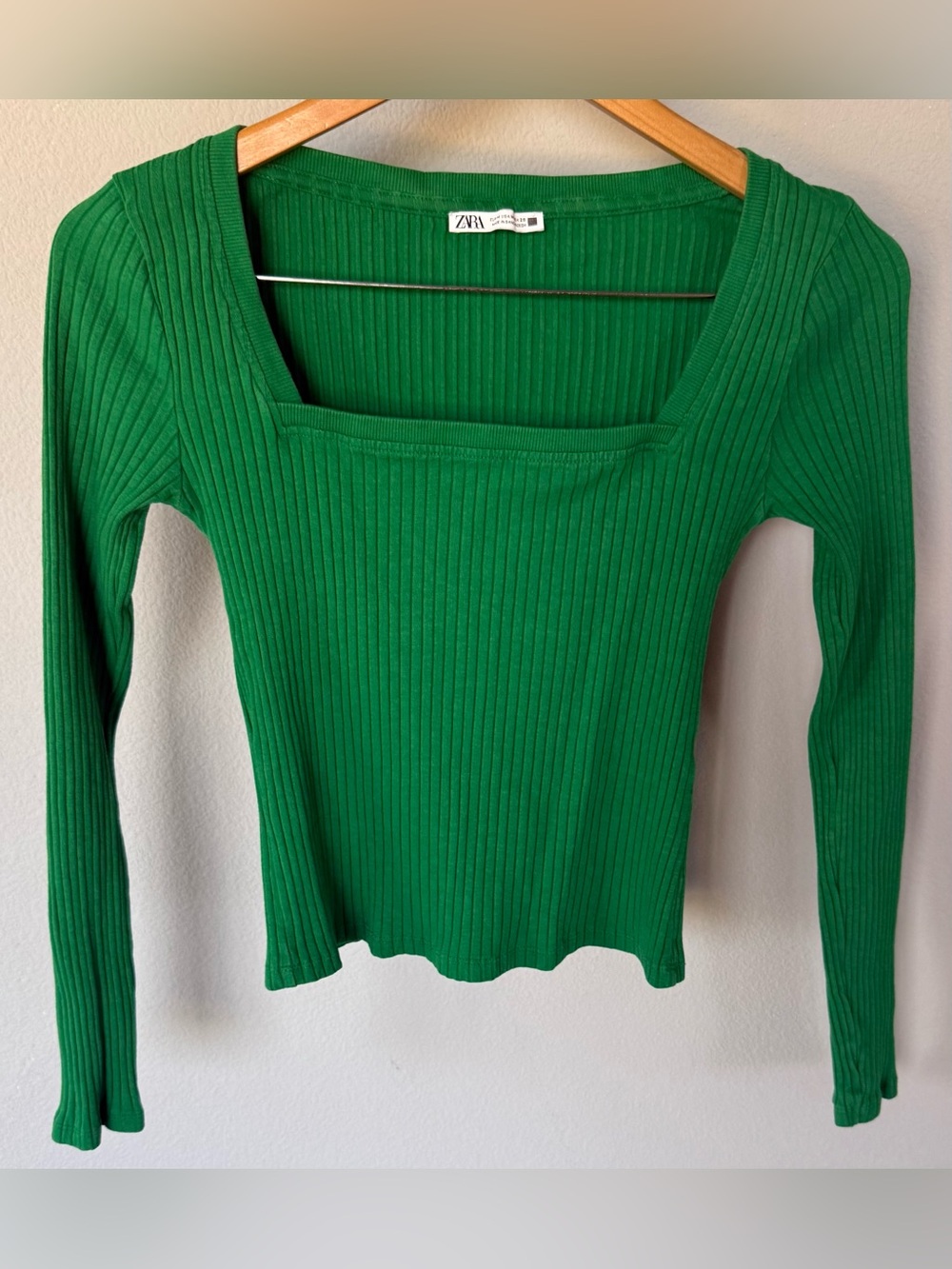 ZARA Ribbed Square Neck Long Sleeve Top Green Size M Slim Fit
